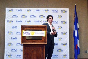 WINDSOR, ON.: Breaking Bad co-star RJ Mitte speaks during an event at the Giovanni Caboto Club Nov. 13 to kick off Windsor’s bullying awareness week. (Photo by/Richard Riosa)