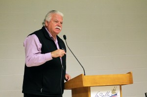 MPP Percy Hatfield (NDP - Windsor-Tecumseh), speaks at the town hall meeting on thoracic surgery at the Vollmer Complex in LaSalle, Nov. 12. (Photo by Sean Previl)