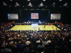 A crowd of 2,800 people watch the Windsor Express play the London Lightning in National Basketball League of Canada action at Caesar's Windsor. The casino made history by hosting the first pro basketball game at a casino in Canada. (Photo by Caesar's Windsor)