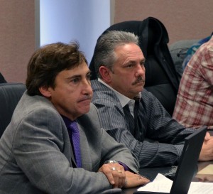 Rowan Faludi from urbanMetrics Inc. and James King(right) from King Development listen as city councillors discuss King Development’s request to be granted tax and business incentives at city hall in Windsor on Jan. 13, 2014. (JUSTIN THOMPSON/The Converged Citizen)
