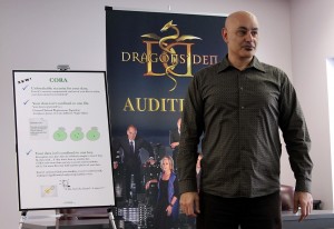 Joe Latouf, creator of CORA, presents the product to a Dragon’s Den producer at the Windsor Essex Chamber of Commerce during the show’s auditions Jan. 23. (Photo by Sean Previl) 