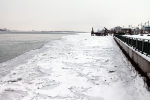  The Detroit River still has ice cover at the base of Dieppe Gardens on Feb. 6. (Photo by Dan Gray)
