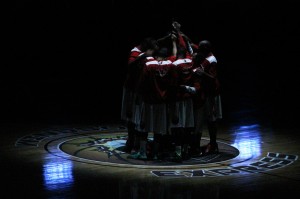 The Windsor Express huddles up during game 1 in the second round of the National Basketball League of Canada playoffs. (Photo by Shaun Garrity)