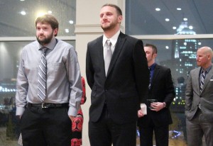 Second-year journalism students Chris Mailloux (left) and Liam Higgins (right) standing together as nominees for the Convergent Design award at the Journalism Awards Night in Windsor on April 3, 2014. (Photo by/Shelbey Hernandez).
