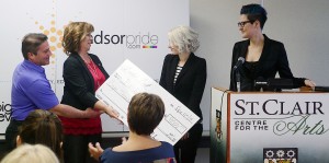 Cutline: Sarah Taylor (right ) and Jen Pomerleau presents the cheque to Nancy and Rob Campana at the Run for Rocky kickoff held at St. Clair College Mediaplex Apr. 4. 