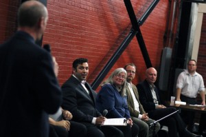 WINDSOR, ONT.: SUNDAY, SEPTEMBER 21, 2014. – Ward 4 municipal election candidates (from left to right) Adriano Ciotoli, Victoria Cross, Chris Holt and Howard Weeks look towards the moderator for the Ward 4 Candidate Debate at the Walkerville Brewery in Windsor on Sunday, September 21, 2014. The debate, which was held by the Windsor Philosophical Arts Association, featured all six candidates for the election on Oct. 27. The topics ranged from arts and culture, to homelessness, to the City of Windsor’s Auditor General Position. (The Converged Citizen Photo by / Justin Prince)