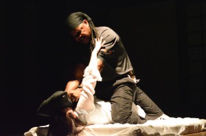 Othello (Tim Clark) smothers Desdmona (Kristen Lamoure-Dias) in Shakespeare’s tragedy Othello directed by Dean Valentino at the Kordazone Theatre on saturday Oct. 13.