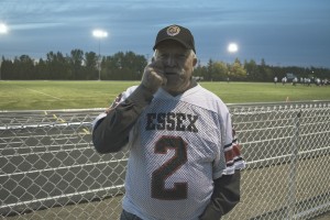 Ron McDermott shows off his moustache at the Essex Red Raiders football game on Oct. 10 at  Essex District High School. (Photo by Caleb Workman) 