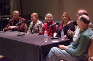 Local publishers (left to right) Karl Jirgens, Laurie Smith, Lenore Langs, Aimée Parent Dunn, Dan Wells and Marty Gervais speak to an audience about small press publishing in Canada at the Capitol Theatre on Oct. 23. (Photo by Caleb Workman)