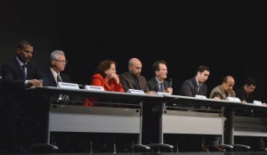 (From left to right)Muhammad Chams, Jim Morrison, ​Maria Fernandes, Santino Pirrone, Paul Borrelli, Al Maghnieh, Wally Chafchak and Matthew Isherwood present their speeches at the Ward 10 debate held at École secondaire EJ Lajeunesse on Oct. 16.