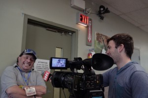 Photo by Victoria Parent: Sean Frame interviews John Hilt at the Downtown Mission, who is registering for the upcoming election on Oct. 16.