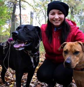 Kellie Vincent takes her dogs, Cooper (left), 4 and Tess (right), 2, to Ojibway Prairie Complex for the first time Tuesday, Oct. 21, 2014, and it may be the last. She is concerned for the well-being of her two dogs because of a deer tick that was found just outside the park for the first time, one week ago. Deer ticks are known to be carriers of Lyme disease. The complex has not sent the tick for testing yet, but intends to in the upcoming weeks. Photo by Mandy Matthews 