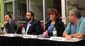 (From left to right) Gabe Maggio, Rino Bortolin, Caroline Postma and Claude Reno await questions from the audience during the debate at the MediaPlex on Oct. 6. ( Photo by: Dan Gray )