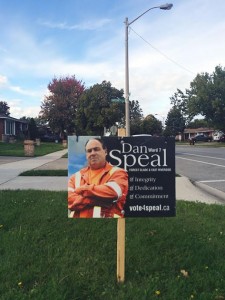 An ad on a Ward 7 lawn promoting Dan Speal, in Windsor. (Photo by Ryan Turczyniak) 