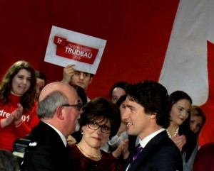 Liberal leader Justin Trudeau (right) greets Tecumseh Mayor Gary McNamara (left) as he prepares to speak to hundreds in attendance at a Liberal rally. The rally was held at the Ciociaro Club in Windsor on Jan. 21. (Photo by Anthony Sheardown) 
