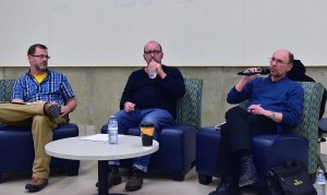 University of Windsor professors Jamey Essex (left),Andrew Richter (middle) and Jeff Noonan debate income inequality at the University of Windsor's Ed Lumley Centre for Engineering Innovation on Monday, February 9 in Windsor. (Photo by Johnathan Hutton)