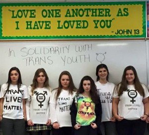 Students protest with homemade shirts reading “#TransLivesMatter” on Jan.20 / photo by Jillian Goyeau