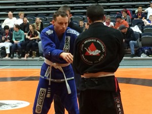 Shane Monaghan (left) competes in Brazilian Jiu-Jitsu match against Trevor Girard during the Jean Jacques Machado Canadian Open tournament on Feb. 8, 2015. Monaghan took home a gold medal in his weight division. (Photo by/Evan Mathias)