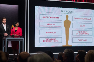Actor Chris Pine and Academy president Cheryl Boone announce the Best Picture nominees on Jan. 15, 2015 in Beverly Hills, California. (Photo via Instagram)
