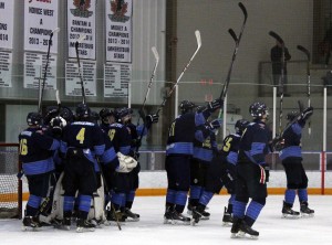(Members of the Amherstburg Admirals celebrate a win on Feb. 22 against the Blenheim Blades. The Admirals hold a 3-2 advantage in the Great Lakes Junior ‘C’ Hockey League Semi-Finals. Photo by Christian Bouchard)