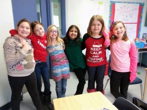  (From left to right – Emma Lauzon, Lily Clayden, Aubryn Boisvert, Aneesh Bhullar, Emma Faubert and Nicole Watson) The founders of the rainbow loom initiative sell rainbow loom for charity. Here they pose for a picture at LaSalle Public School on Jan. 29. (photo by Caleb Workman)