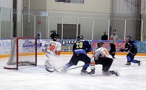Amherstburg Admiral’s Dan Matoski scores in the third period in Game 2 of the GLJCHLC Finals. The Admirals won 2-1 and are now tied in the best-of-seven series with the Essex 73’s. PHOTO BY CHRISTIAN BOUCHARD