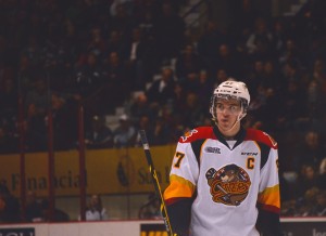 Connor McDavid,18, Captain of the Erie Otters looks into the crowd as fans cheer at the WFCU Centre on March 19. McDavid is projected to be drafted first overall in the 2015 NHL Entry Draft. (Photo by JORDAN CASCHERA)
