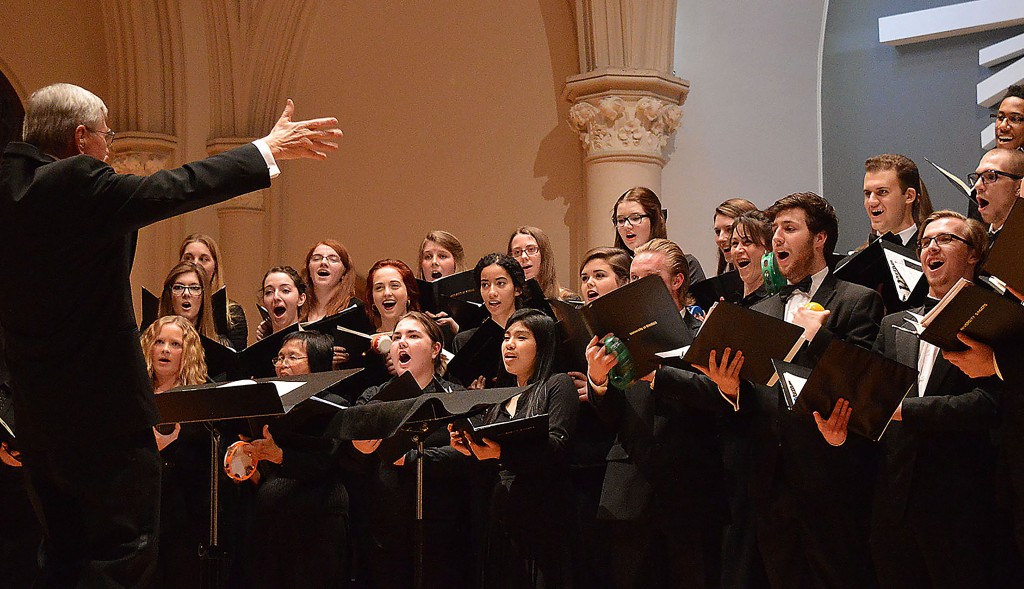 WINDSOR, ONTARIO, APRIL 8 2015 -- Professor Richard Householder leads the University Singers during their choral rendition of Jabberwocky. The Spring Choral Concert was held in Assumption Hall on April 8 2015.