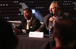 WINDSOR, ONT.: JULY 16, 2015 – David Magley, the commissioner of the National Basketball League of Canada (right) and Windsor Express president and CEO Dartis Willis speak to a room full of fans, personnel and media during a town hall meeting at the WFCU Centre in Windsor on July 16, 2015. (The Converged Citizen Photo by / Justin Prince)