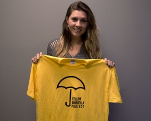 Windsor, Ont. (29/10/15)- Student Representative Council President Miranda Underwood is pictured holding a Yellow Umbrella Project shirt at St. Clair College on Thursday, Oct. 29, 2015. The Yellow Umbrella Project is a week long event promoting mental health and wellness. (Photo by Sean Frame)