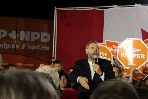 Tom Mulcair speaks during his Southwestern Ontario tour in Essex, Ontario on Sunday, October 4, 2015. [Photo by Allison Crease.]