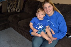 Jessica Szucki and her son Lennon, 15 months, at their house in Tecumseh on September 28, 2015. Both Szucki and Lennon wear custom-made blue shirts. (PHOTO BY ALLANAH WILLS) 