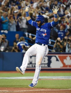 (Toronto Blue Jay’s Jose Bautista celebrates a home run in Game 5 of the 2015 American League Division Series vs. the Texas Rangers at the Rogers Centre in Toronto. Baustista’s three run homerun would prove to be the game winning runs. Photo by Peter Llewellyn-USA TODAY Sports)