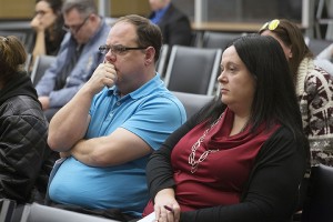 WINDSOR, Ont. (24/11/15) –Emerson Valley (left) and Kerri Stephenson, members of St. John Elementary School’s Catholic School Advisory Council, listen to a discussion by the Windsor-Essex Catholic District School Board’s trustees about three proposed accommodation reviews at a school board meeting at the Windsor Essex Catholic Education Centre Nov. 24. Photo by Justin Prince, The Converged Citizen