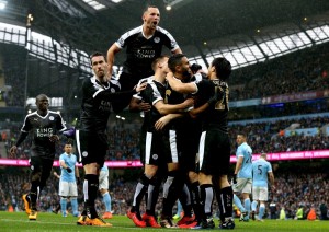 Members of Leicester City celebrate a goal in their 3-1 victory over Manchester City in Week 25 of the Barclay’s Premier League. (Photo courtesy of thehardtackle.com)