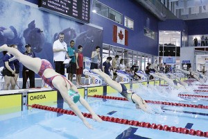 Swimmers compete in the 2016 WECSSAA swim meet held at the Windsor International Aquatic Center on Feb. 16. -- Photo by Dawn Gray