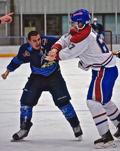Ryan Alexander (16) of the Integrity Amherstburg Admirals and Logan Percy (67) of the Lakeshore Canadians fights in the first period at The Libro Credit Union Complex Jan. 17. (photo by JORDAN CASCHERA) 