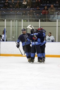 Members of the Amherstburg Admirals celebrate a goal in the 1st period of Game 3 of the Great Lakes Junior ‘C’ Quarter-Final round. The Admirals defeated the Wheatley Sharks 5-4 in overtime and will look to clinch the series on Feb. 12 as they travel to Wheatley. 