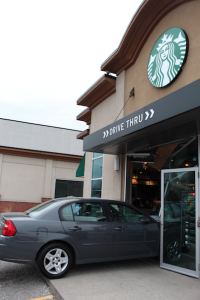 A car is photographed shortly after driving into a Starbucks store located at 3920 Dougall Ave on March 26. 