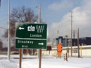 Highway 401 sign on the route to Toronto, on March 4, 2016.