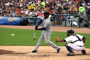 Seattle Mariners Ken Griffey Jr. swings at a pitch against the Detroit Tigers on July 21, 2009 at Comerica Park. (Photo by Todd Shearon)