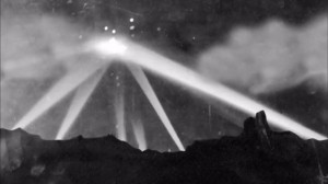 Photo of “The Battle of Los Angeles” published by the Los Angeles Times, 26 February 1942. The U.S. Office of Air Force History attributed the event to a case of "war nerves" triggered by a lost weather balloon and exacerbated by stray flares and shell bursts from adjoining batteries. Some contemporary ufologists and conspiracy theorists have suggested the targets were extraterrestrial spacecraft.