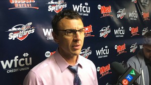 Windsor Spitfires head coach Rocky Thompson addresses the media post game at the WFCU Centre. Photo by Todd Shearon.