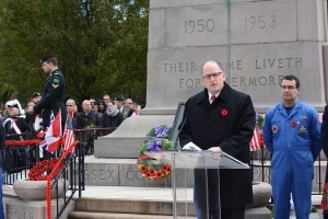 Mayor Drew Dilkens speaking about Remembrance Day at the Windsor Cenotaph at City Hall Square on Friday, November 11, 2016. Photo by Lt-Col. David Lafreniere (ret’d)