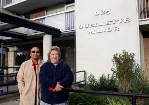 Dianne Darrington (left) and Bev Dupuis (right) are photographed outside 920 Ouellette Manor. Both have had sightings of cockroaches, and will be working with Orkin Canada to do their part. (Photo by Lyndi-Colleen Morgan) 