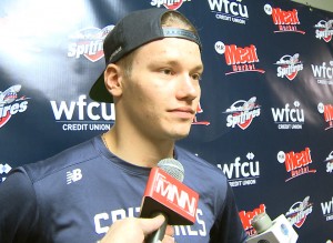 Mikhail Sergachev answers questions at the WFCU Centre during a media scrum after returning to Windsor from the Montreal Canadiens. Photo by Todd Shearon