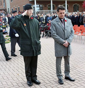Warrant Officer Donald Bezaire and Amherstburg Mayor Aldo Dicarlo pay respects to the wreaths during the Remembrance Day ceremony in Amherstburg. Photo By Aaron Wharram