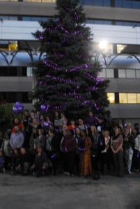 Windsorites gather in Charles Clark square and watch as the tree is lit purple. (Photo by Md. Nuzzaman) Hosted by Hiatus House Nov.1, 2016 Event: Shine The Light, 2016, at Charles Square 
