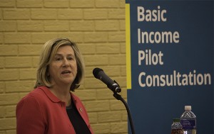 Dr. Helena Jaczek the Ontario Minister of Community and Social Services addresses about 70 people at a public consultation for the basic income pilot project at the University of Windsor’s Vanier Hall Monday night. This is the thirteenth of 14 public consultations into the idea providing a payment to individuals and families to make sure everyone has a minimum level of income. (Photo by David Lafreniere)