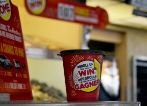 A Tim Horton's cup with contest displayed (Photo by Kyle Rose)